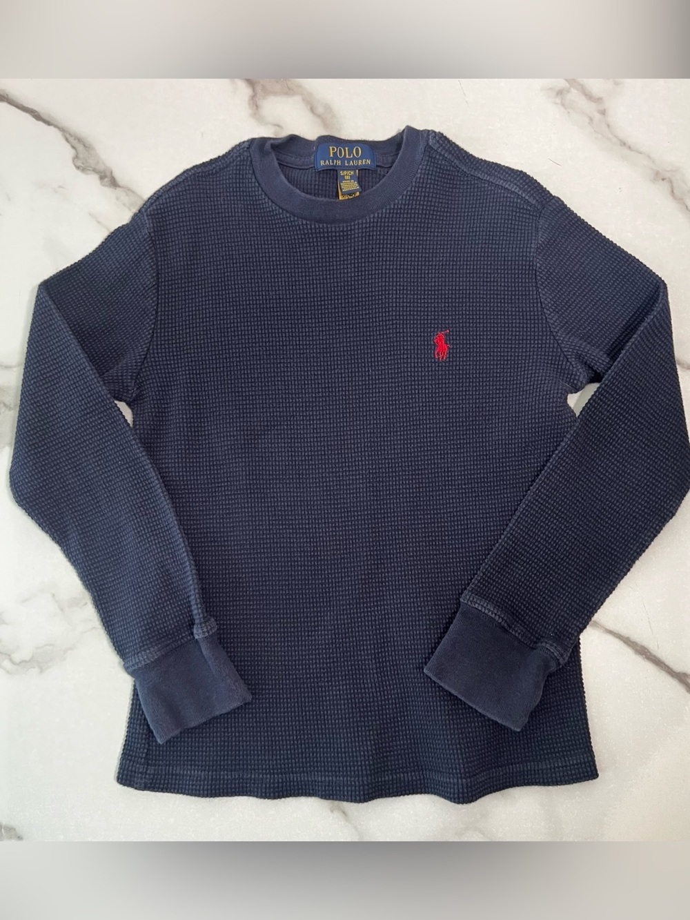 Polo Ralph Lauren Boys Navy Waffle-Knit Pullover thermal sweater size 8 small